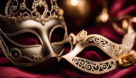 Two exquisite Venetian masks, adorned with intricate gold details, lie on a rich red fabric, hinting at an upcoming celebration or a night of mystery.の写真素材