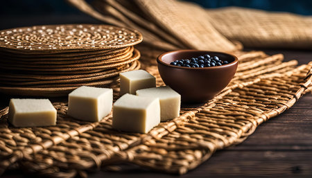 A still life photo showcasing white cubes, berries in a brown bowl, a stack of round woven items, and a woven wicker mat on a wooden table.の写真素材