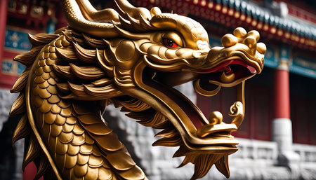 A close-up of a golden dragon sculpture with intricate details, showing the rich culture and mythology of China. The dragon's head is prominent, with scales and an open mouth, suggesting power and majesty.の写真素材