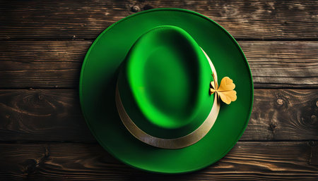 A green hat with a golden ribbon and a shamrock leaf on top, resting on a wooden surface. The image celebrates St. Patrick's Day.の写真素材