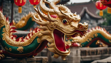 A golden dragon statue with intricate details and a red open mouth, showcasing Chinese culture and mythology.の写真素材