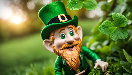 A leprechaun figurine wearing a green hat and a red beard is peeking out from behind a patch of clovers. The leprechaun is smiling and has a playful expression. The clovers are green and lush, and the background is blurred.の写真素材