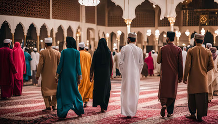 A group of Muslims are praying inside a mosque. They are all wearing traditional Islamic clothing and are facing towards Mecca. The mosque is decorated with intricate patterns and designs, and the light streaming in through the windows casts a warm glow on the scene.の写真素材