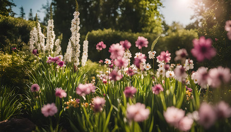 A vibrant close-up of a flower garden bursting with pink and white blossoms. The image captures the beauty of nature in full bloom, showcasing the delicate petals and lush green foliage.の写真素材