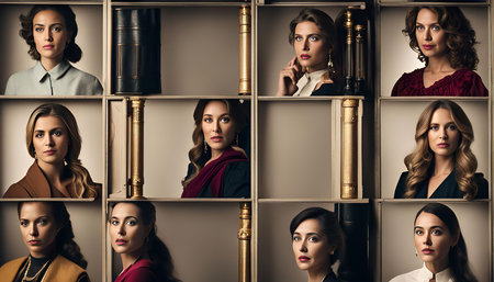 A vintage-style group portrait of eight women, each framed individually, displaying elegance and style.の写真素材