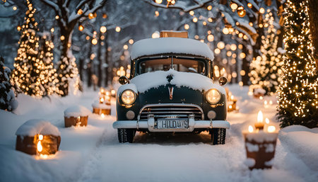 A vintage car covered in snow drives through a winter wonderland, surrounded by twinkling Christmas lights and decorated trees. The scene evokes a magical and festive atmosphere.の写真素材