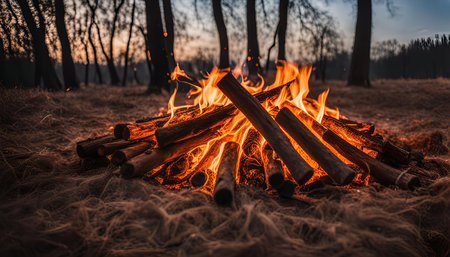 A campfire burns brightly in the center of a forest clearing, casting a warm glow on the surrounding trees and grass. The flames dance and crackle, creating a mesmerizing and peaceful atmosphere.の写真素材