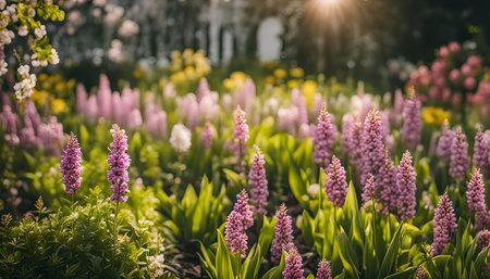 Close-up view of pink flowers in bloom, with green leaves and a soft sunlight in the background.