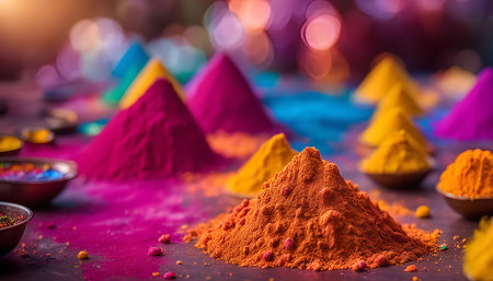 A vibrant display of colorful Holi powders, ready for celebration. The bright hues and textures create a festive atmosphere, capturing the essence of this joyous Indian festival.の写真素材