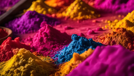 A close-up shot of colorful powders used during Holi Festival in India. The vibrant hues of pink, yellow, blue, orange, and red represent the joyous celebration of spring.の写真素材