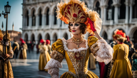 A lady in a beautiful yellow and gold costume poses during the Venetian Carnival. She wears a traditional mask and ornate headwear, standing among other revelers in the historic square.の写真素材
