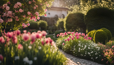 A vibrant garden showcasing a diverse array of pink flowers. Tulips and roses bloom in abundance, adding a splash of color to the lush green landscape.の写真素材