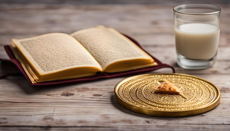 A still life with a book, a glass of milk, and a circular object on a wooden table.の写真素材