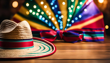 A straw hat with a red and green ribbon lies on a wooden table, with colorful festive decorations in the background.の写真素材