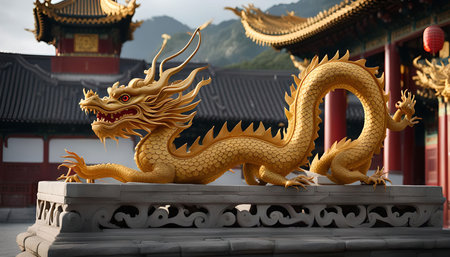 A golden dragon statue sits on top of a stone base, perched outside a traditional Chinese temple. The dragon's intricate details and powerful presence exude a sense of ancient wisdom and strength.の写真素材