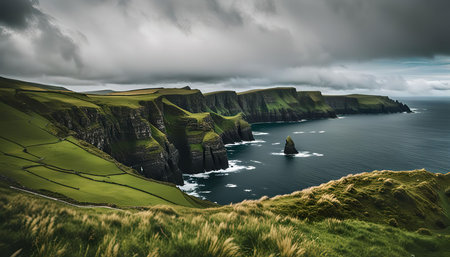 A breathtaking view of the rugged Irish coastline with dramatic cliffs and a vast ocean stretching towards the horizon. The sky is filled with dramatic clouds, adding to the sense of awe and wonder.の写真素材