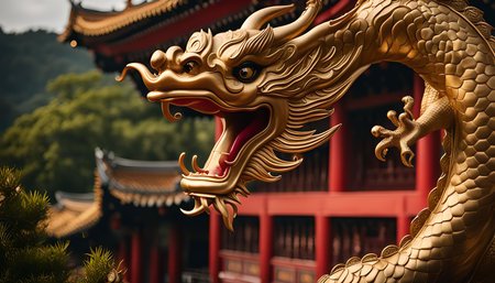 A close-up of a golden dragon statue in front of a Chinese temple. The dragon is a mythical creature in Chinese culture, symbolizing power, wisdom, and good luck.の写真素材