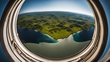 An aerial view of a lake and mountains captured through an airplane window, showing the vastness and beauty of nature. The lush green mountains, the glistening blue water, and the clear sky create a picturesque panorama.の写真素材