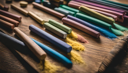 A close-up view of assorted colorful chalk sticks on a wooden surface. The chalk sticks are arranged in a neat pattern, with their vibrant colors adding a burst of creativity to the image.の写真素材