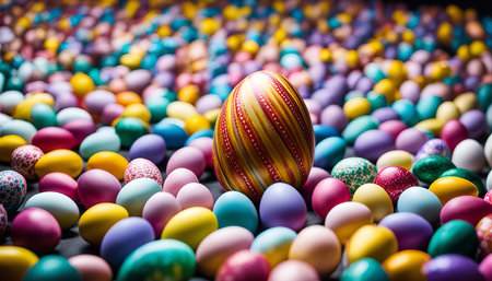 A colorful collection of Easter eggs on a dark background. The eggs are decorated in a variety of colors and patterns, creating a festive and cheerful scene.の写真素材