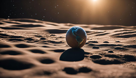 A lone Earth globe rests on a barren landscape, casting a long shadow, against the backdrop of a starry night sky, representing the vastness of space and the fragility of our planet.の写真素材