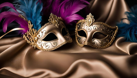 Two ornate masquerade masks with feathers, one in blue and one in purple, rest on a luxurious satin background.の写真素材