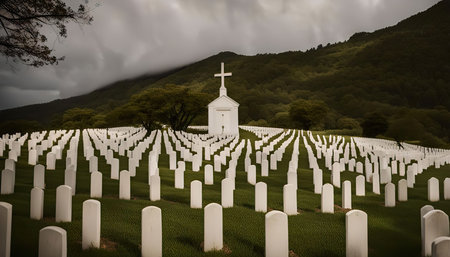 A cemetery with white tombstones and a small chapel with a cross at the top. A mountain is in the background.の写真素材