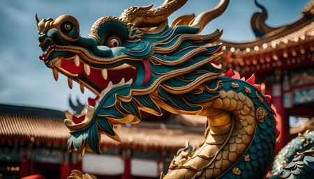 A close-up shot of a golden dragon sculpture intricately with details and vibrant colors. It's likely located at a temple or place of worship in Asia.の写真素材