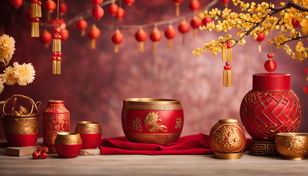 A table setting featuring traditional Chinese New Year decorations, including red lanterns, golden ornaments and red and gold vases.の写真素材
