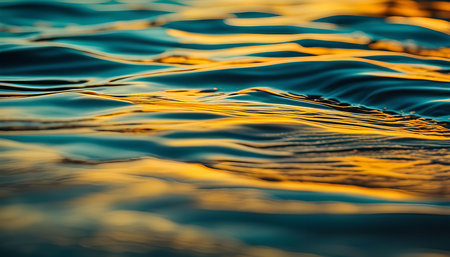 A close-up of water ripples reflecting a golden sunset, creating a serene and abstract image.の写真素材