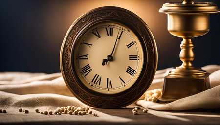 Close up of a vintage clock and trophy on a linen fabric with a warm and natural lighting, capturing the essence of time and achievement.の写真素材