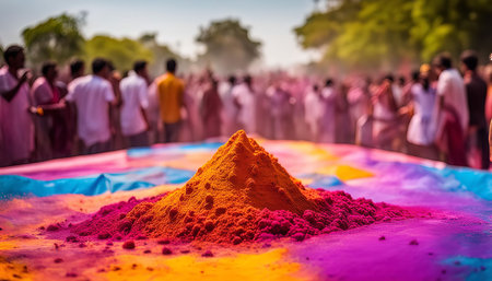 A large pile of colorful powder sits in the foreground of this photo. It appears to be Holi, an Indian festival of color, as people are in the background, enjoying the festivities.の写真素材