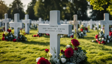 A row of white crosses in a cemetery, each marked with the name of a fallen soldier. The crosses are surrounded by green grass and red roses, a poignant reminder of the sacrifices made in war.の写真素材