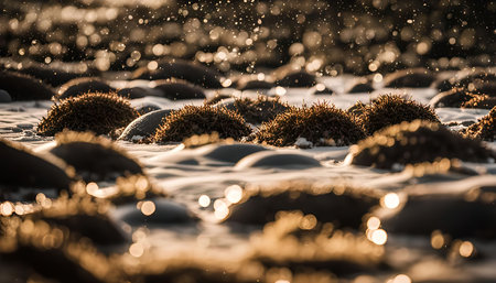 A beautiful close up photo of seaweed covered rocks on the beach at sunset. The soft light and bokeh create a calm and peaceful atmosphere.の写真素材
