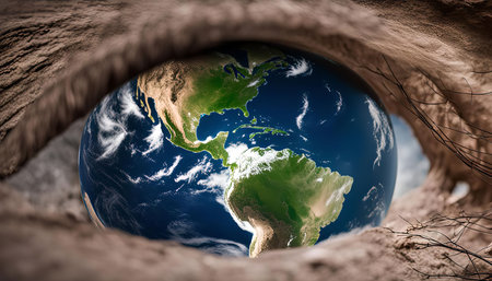 The image depicts a surreal image of a cave entrance resembling an eye, looking out on a globe, which symbolizes the Earth.の写真素材