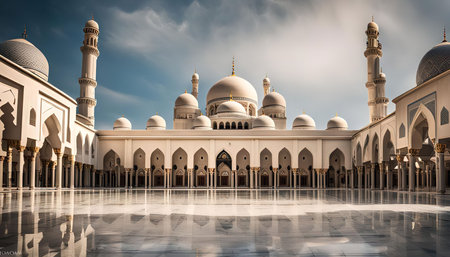 A stunning view of the Sheikh Zayed Grand Mosque in Abu Dhabi, showing its intricate details and grand architecture. The white marble facade, towering minarets, and ornate domes create a breathtaking spectacle under the clear blue sky.の写真素材