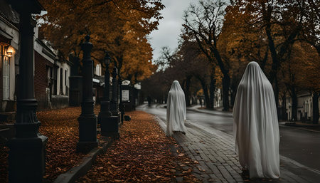 Two people in white sheet ghosts costumes walking on an empty street on Halloween night.の写真素材