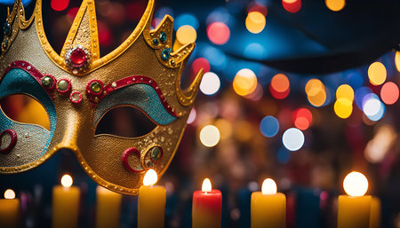 A close-up shot of a golden masquerade mask with ornate details, placed in front of a blurred background of twinkling lights and candles. The image evokes a sense of mystery, celebration, and festive spirit.の写真素材