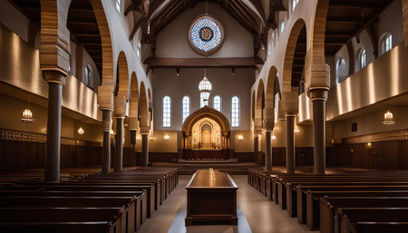 A wide shot of the interior of a church, with high ceilings, stained glass windows, wooden pews and columns. The space is filled with light coming from the windows.の写真素材