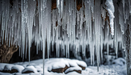 Close up view of frozen icicles hanging from the roof of a cave in winter, a beautiful example of nature's wintery artistry.の写真素材