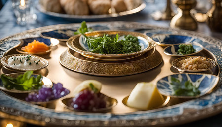 A Seder plate with traditional foods for Passover, including matzah, charoset, maror, karpas, beitzah, and horseradish.の写真素材