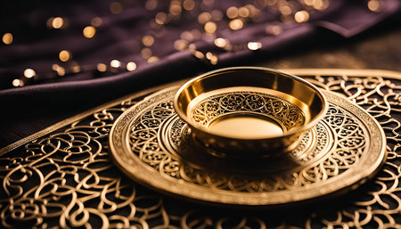 A close-up shot of a beautiful, golden serving dish with intricate patterns and an ornate design. The dish is placed on a table with a purple cloth and is lit with a soft, warm glow.の写真素材