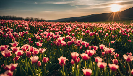 A vibrant field of pink tulips blooming in the golden light of a sunset.の写真素材