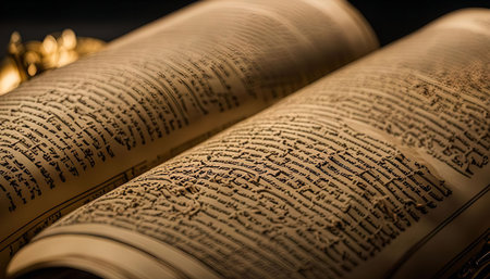 A close-up view of an open ancient book with text written in an old script. The book appears to be well-worn, suggesting it has been used for many years.の写真素材