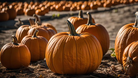 A field of pumpkins ready for harvest in the fall. The orange pumpkins are scattered across the ground in a field, and they are ripe and ready to be picked. The field is a beautiful sight in the fall, with the colors of the pumpkins and the leaves changing color.の写真素材