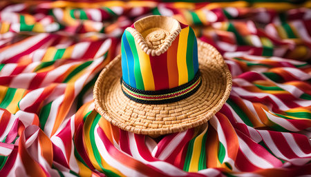 A traditional Brazilian straw hat with a colorful striped band sits on a bed of vibrant, striped fabric. The colors and patterns evoke a sense of celebration and festivity, suggesting a cultural event or a joyous occasion.の写真素材