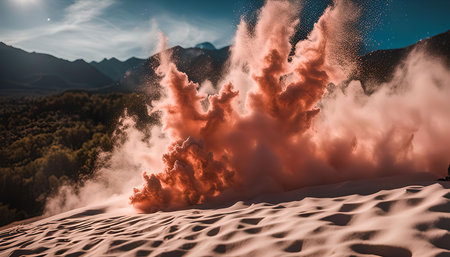 A large cloud of pink sand explodes in the air above a desert landscape, creating a dramatic and colorful scene. The sun is setting in the background, casting a warm glow over the scene.の写真素材