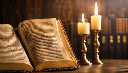 A close-up shot of an antique book with burning candles on a wooden table. It evokes a sense of wisdom, history, and spirituality.の写真素材