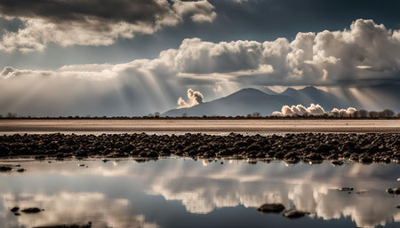 A panoramic shot of a mountain range reflected in still water, the sky is a canvas of white clouds and rays of sunlightの写真素材