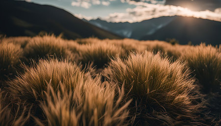 A field of golden grass, backlit by the setting sun, with a backdrop of mountains.の写真素材